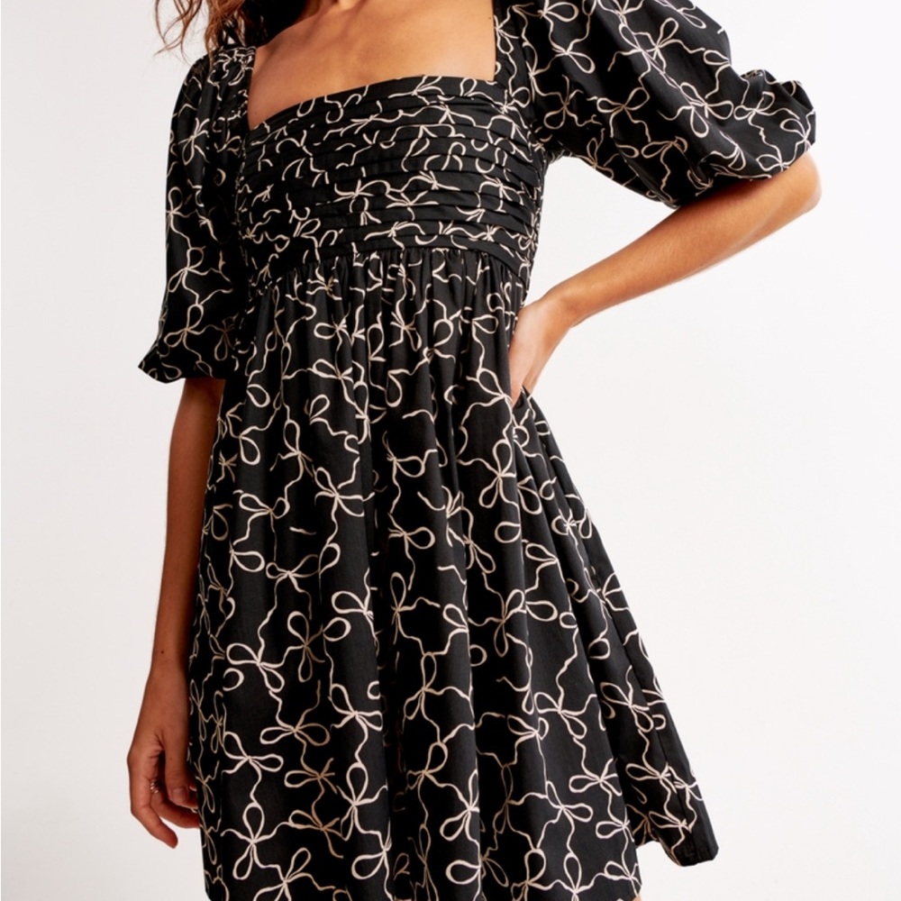 Abercrombie & Fitch Black Mini Dress with Cream Bow Print